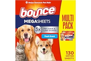 Bounce Tierhaare und Fusselschutz, Mega-Trocknerblätter mit 3 x Tierhaar-Kämpfern, frischer Duft, 130 Stück, Bounce Trocknerblätter, Weichspülerblätter
