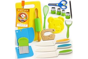 Lalfof Kit Cuisine Enfant avec 3 Couteau Cuisine Enfant | 20 Ustensiles de Cuisine Enfants Sécurisés | 1 Badge avec Le nom de l'enfant | Cadeau enfatn 2 Ans avec Coffret Cadeau Jeux Enfants 2 Ans
