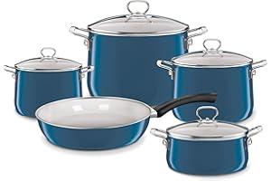 Riess, 0558-010, 5-częściowy zestaw naczyń, NOUVELLE, AQUAMARIN EXTRA STRONG, składający się z: Garnek do mięsa z pokrywą szklaną 16, 20, 24 cm, Zapiekanka z pokrywą szklaną20 cm, Patelnia emaliowana 28 cm