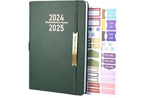 HOYUNLL Diary 2024-2025 - 18 Month A5 Week to View Diary from Jan. 2024 to Jun.2025 Mid Year, Productivity Daily Planner，Weekly & Monthly Planner with Leather Cover,Sticker, Pen Loop, Inner Pocket (Green)