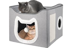 UNKJIN Cat House, Cat Beds for Indoor Cats, Foldable Cat Cave with Fluffy Ball and Scratching Pad, Cat House Indoor for Multi Small Pets, Grey