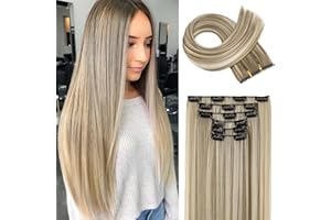 FLUFYMOOZ 6PC Clip in Hair Extensions 24" Straight Long Extensions for Women Synthetic Hairpiece (Ash Brown with Blonde Highlights)