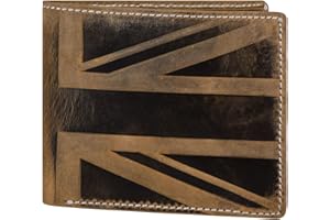 Hudson & James Designer London Real Distressed Leather Mens Wallet with Zip Coin Pocket Credit Carder Holder Bifold Purse UK Union Jack (Brown)