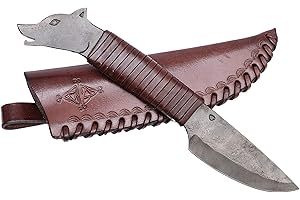 MADHAMMERS Coltello in Acciaio forgiato a Mano, Lama con Testa di Lupo e Punta con Custodia in Vera Pelle in Colore Marrone, Amante dell'Arte e della Cultura, Lunghezza Totale 24 cm, Regalo Originale