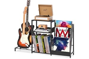 LELELINKY mobile giradischi e porta vinili,Elettrica e Basso con Supporto Amplificatore,Armadio per Vinili con 3 Livelli, Capienza 150 Album di mobili porta giradischi（nera）