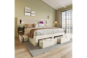 Huayz Set completo per camera da letto, letto matrimoniale, 160 x 200 cm, con 2 comodini e 4 cassetti, testiera con funzione di ricarica USB, velluto, senza materasso (beige, 160 x 200 cm)