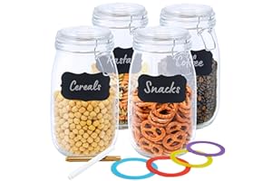 LG Luxury & Grace 4 Tarros de Cristal Herméticos 1,5 L. Botes de Vidrio con Clip Inoxidable. Con Anillas de Silicona. Conservas y Almacenamiento. Incluye Juntas de Repuesto + Etiquetas y Rotuladores.