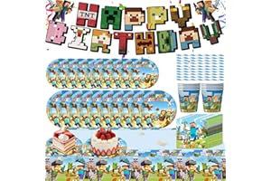 KEVRDRT Miner Stoviglie per Feste di Compleanno, 62 Pezzi Accessori per Feste di Gioco, Miner Decorazioni Compleanno con Piatti Tazza Tovaglioli Cannucce Striscione e Tovaglia, Feste di Piatti Compleanno