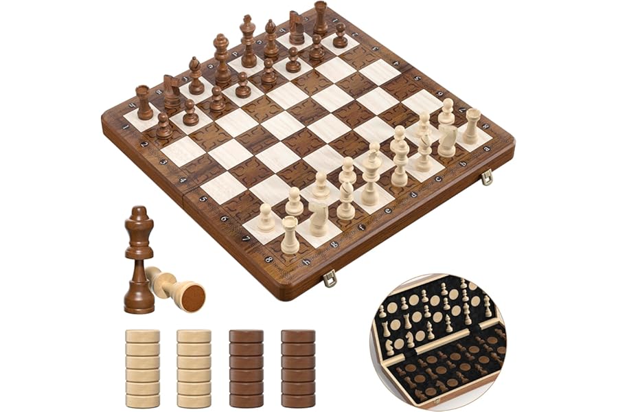 Sarr Klith Chess Set and Checkers 2IN1, 16" Wooden Magnetic Chess Board for Adults Kids, Foldable Travel Chess Set with 2 Extral Queen, Chess Gift Toys for Boys Girls
