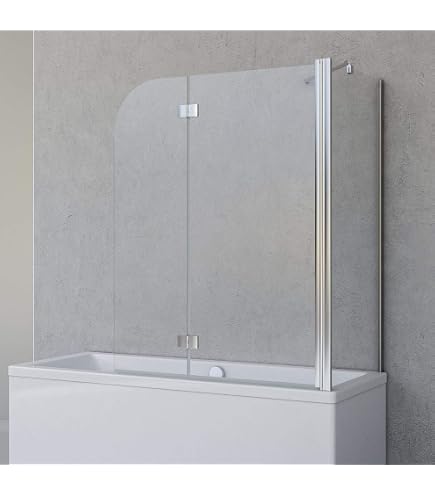 Aica 3-teilige Falt-Duschwand Für Badewanne – 6mm Nano-Glas, H140cm, 130x70cm, Schwarzer Rahmen, Streifenglas