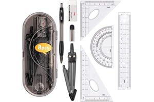 SRXWO 8-Piece Geometry Set, Compass and Mathematics Set for School, Compass Box, School Accessories with Drawing Compass, Geo Triangle, Ruler, 15 cm, Protractor, Eraser, Mechanical Pencil with Pencil Lead