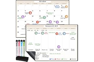Milijou - Calendrier Magnétique pour Frigo A3 – Planning Mensuel et Hebdomadaire Effaçable – 42 Stickers Événements, 4 Marqueurs, 1 Gomme – Tableau Blanc Aimanté - Traqueur Bien-Être