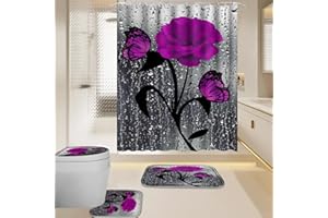 BXFUL 4 Piece Waterproof Shower Curtain Set for Bathroom-Rose-Non-Slip Bath Mat and 12 Hooks,Curtain Set with Rug,Toilet Lid Cover Bathroom Decoration (Purple)
