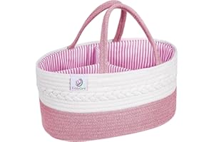 KiddyCare - Vielseitiger Wickelkorb und Windel Organizer aus 100% Baumwolle und Gewebtem Seil, 3 Herausnehmbare Fächer, Ideal für Unterwegs, Babyshower Geschenk [Pink, Normale Größe]