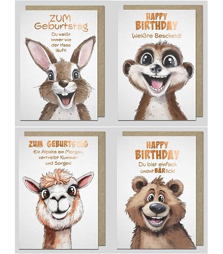 3 Lustige Glückwunschkarten Mit Tieren – Quadratische Klappkarten Im Set Mit Kraftpapier-Umschlägen, Für Geburtstag, Feier & Mehr
