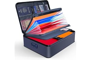 JUNDUN Organiseur de documents, porte-documents ignifuge avec serrure, boîte de rangement à 7 compartiments, organiseur de fichiers, porte-documents portable pour documents importants, dossiers (bleu)