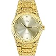 Mens 14k Gold and Silver Finish Watch with Nugget Band and Custom Diamond Dial - Fully Adjustable Watch Length - Quartz Movement - Hip Hop Inspired Watch