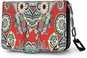MOFUT Monedero para Mujer pequeño en Formato Corto, Monedero para Mujer con Estampado de Flores y Flores en Estilo Mandala y étnico, con Cremallera y botón de presión y Muchos Compartimentos., (Saflor)