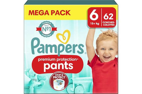 Pampers Premium Protection Couches-Culottes Taille 6, 62 Culottes, 15Kg+, Culottes Pampers N°1 pour le Confort et le Maintien, Facile À Enfiler