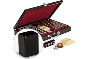 Yellow Mountain Imports Jeu de Mahjong Chinois Set, “Jet Set” - avec 148 Tuiles Noires et Étui en Bois, Roulette en Bois, Dés et Bâtons de Mise (pour Le Style de Jeu Chinois)