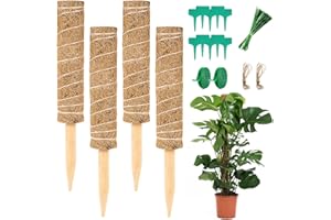 Vicloon Moosstab, 4 Stück 30CM Pflanzstab Kokos, Mit 5 Pflanzenetikett, 1 Rolle Klettverschluss, 94 Seile, Kokosstab für Pflanzen aus Natürlicher Kokosfaser, Rankhilfe Monstera