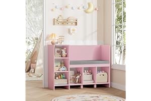 HOCSOK Kids Bookcase, 110 cm Toy Shelf with Seat Cushion, 6 Cube Storage Unit for Study, Play, Living Room, 80.5×40×110cm