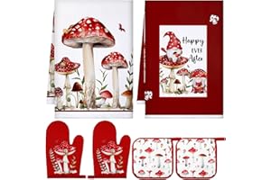 Bencailor 6 Pieces Christmas Kitchen Towel Set, 2 Kitchen Towels, 2 Pot Holders, 2 Oven Gloves, Kitchen Lovers, Gifts for BBQ, Cooking, Baking, Grilling, Microwave, Women, Mother (Red