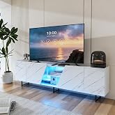BRILVERDE Mueble de TV con iluminaci&oacute;n LED de m&aacute;rmol blanco brillante, 220 cm, mueble bajo para TV con puerta, espacio de alm