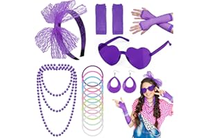 Kareeran 80s Fancy Dress for Women Girls, 80s Accessories Rockstar Fancy Dress, Neon 90s Retro Headbands Earrings Fishnet Gloves Sunglasses for Dress Up Party