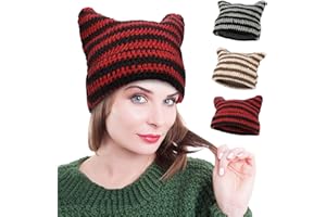 CREAHER Winter Cat Ears Hat Knitted Cap Striped Knit Beanie Hat 1Piece, Trendy Winter Warm Crochet Cap Vintage Crochet Hats for Causal Home Office School Hiking