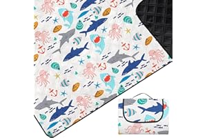 Neloheac Manta Picnic Impermeable 200 x 200 CM, Manta de Playa Portátil Lavable a Máquina, Alfombras de Picnic Ligero para Parque Jardín Barbacoa, Peces de Mar