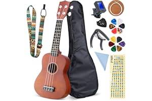 Olycism 21 Zoll Soprano Ukulele für Kinder und Erwachsene Ukulele Starter Kit mit Pick Tasche Clip-On Tuner Zusätzlichen Saiten Gurt Plektron Griffbrettaufkleber Poliertuch Mahagoni-Sopran Ukulele Set