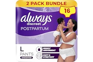 Always Discreet Postpartum & Adult Incontinence Pants High-Waisted Maternity Knickers Super Absorbent, Soft & Breathable Size Large, 16 Count (8 x 2 Packs)