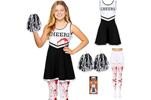 REDSTAR Costume 3 pezzi da cheerleader per bambina – Vestito zombie con calze insanguinate – Travestimento scolastico da non-morta per feste spaventose – Outfit per Halloween con dettagli realistici