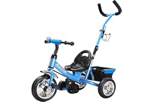 Spielwerk® Dreirad 2in1 mit Schubstange ab 1 Jahr Getränkehalter Kinderdreirad Klappbare Fußablage Baby Buggy Laufrad Kinderwagen Kleinkind Blau