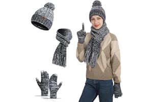 Meajore MüTze Schal Handschuhe Damen Set 3 in 1 Winter Warm Beanie Touchscreen Handschuh Und Lang Schal StrickmüTze Set