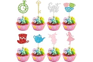 Gyufise 24 pezzi Alice nel paese delle meraviglie Cupcake Toppers Glitter Bowl Key Clock Fairy Eat Me Cupcake Picks Tea Party Decorazioni per torta per baby shower bambini ragazzi ragazze feste di