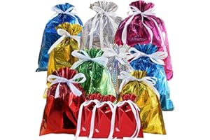 AISSZHAO 12 P Foil Gift Bags Drawstring Solid Color Present Wrapping Bags,6 Color Shimmer Multipack Wrapping Bag,Jumbo Xmas Bag,Reusable Large Christmas Foil Gift Bagfor Presents Birthday Wedding Party