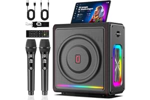 HWWR Karaoke Maschine mit 2 Mikrofone Karaoke Anlage Tragbaren Bluetooth Lautsprecher Box für Erwachsene/Kinder mit Lichteffekte PA Komplettsets, Unterstützt TF/USB, FM, Rec, AUX in, TWS für Party