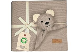 DIKOS® Oryginalny kocyk niemowlęcy SCHMUSE-Miś Cappuccino 100% GOTs Bio bawełna dla noworodka koc z przytulanką koc dziergany koc do przytulania dla dziewczynki / chłopca prezent z okazji narodzin