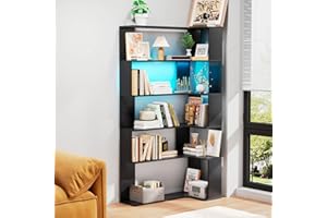 Ztexkee Corner Shelf 5 Tiers 169cm Bookcase Tall Corner Bookshelf L-Shaped Bookcases Book Shelf with 2 m RGB Light Strip Storage Shelving Units for Living Room Bedroom Office Black