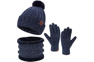 ZASFOU Womens Winter Beanie Hats Scarf Neck Warmer Touchscreen Gloves Set Warm Fleece Lined Chenille Knit Skull Caps