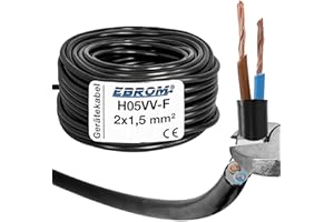 EBROM Cable de Plástico Redondo H05VV-F 2 x 1,5 mm², Cable de Alimentación y Dispositivo, Negro, Longitudes de 5 a 200 Metros