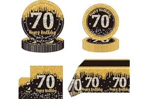 POPOYU 53Pcs Black Gold 70th Birthday Party Tableware 16 Guests,70th Black Gold Party Paper Plates Tablecloth Paper Cups and Napkins Tableware Set for Men Women Birthday Gifts Party Supplies Table Decoration