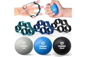 FitBeast Entrenador de Fuerza de Agarre – 6 Piezas Terapia de Mano con Ejercitador de Extensión de Dedos & Pelotas Antiestrés para Rehabilitación y Entrenamiento de Fuerza