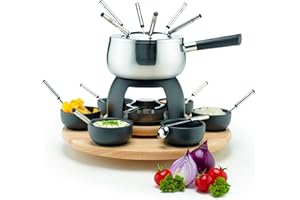 MÄSER 931229 Set 23 Pezzi, paraspruzzi, giostra Girevole in Legno, forchette da fonduta, ciotoline, Inossidabile, Acciaio Inox, Grigio, Nero