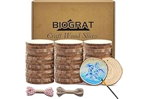 BIOGRAT Dischi di Legno con foro Dischetti Legno 7-8 cm 45 pz da Decorare, con 2 corde da 10 m