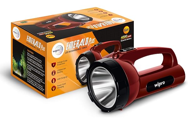 Wipro Emerald Plus Rechargable Torch 4000 mAh Battery 16 Hrs Back Up Bright Output with 5w LED Light Long Range LED Torch for Outdoor Activities, Home USB & Power Cord Charging Pack 1