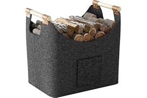 Oenothera 60L Cesta para Leña de Chimenea, Cesta para Troncos con Asac, Bolsa de Fieltro Interior Chimenea para Transportar Madera, Guardar Juguetes, Madera, Periódicos, Ropa
