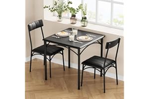 Salutmeuble 3-teiliges Küchentisch-Set, Tisch und Stühle für 2, quadratischer Esstisch aus Metall und Holz mit 2 gepolsterten Stühlen, Esstisch für kleine Räume (Tiefschwarz)